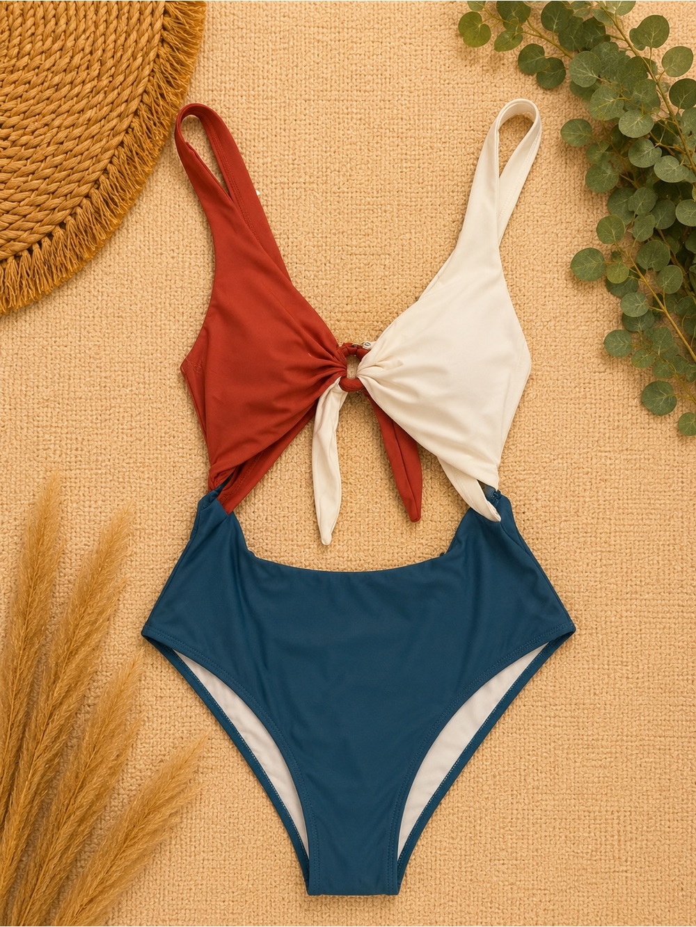 SHEIN Tricolor Tie-Front One-Piece Swimsuit in Rust, Cream & Teal
